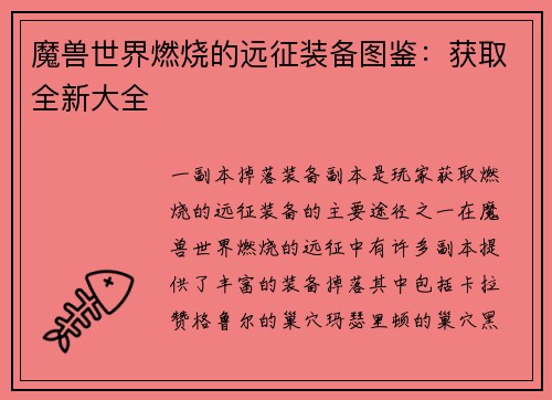 魔兽世界燃烧的远征装备图鉴：获取全新大全